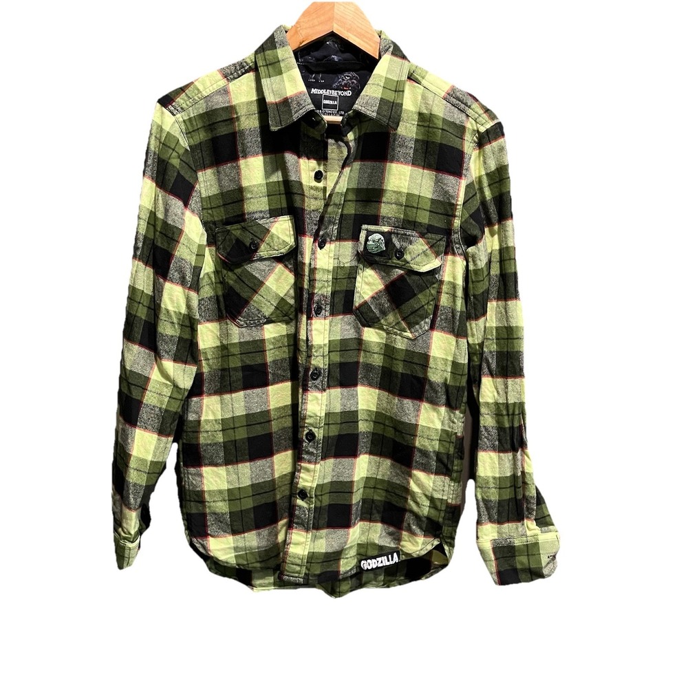 Godzilla Middle of Beyond Green Plaid Men's‎ Casual Button Down Shirt Size S